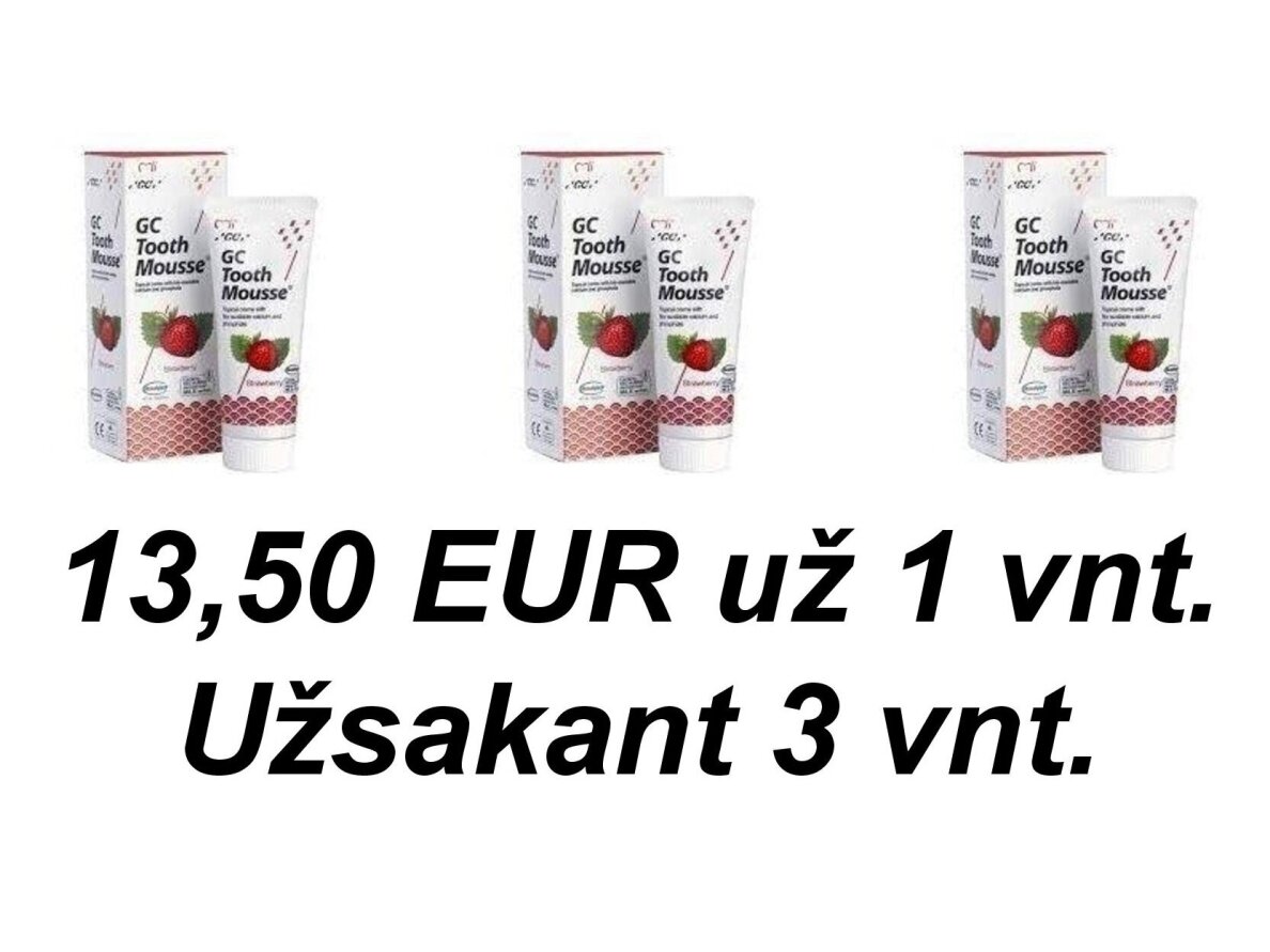 GC Tooth Mousse Recaldent braškių skonio dantų kremas be fluoro 40 g (35 ml). Po 13,50 EUR už 1 vnt. užsakant 3 vnt. GC Tooth Mousse Recaldent braškių skonio dantų kremas be fluoro 40 g (35 ml). Po 13,50 EUR už 1 vnt. užsakant 3 vnt.