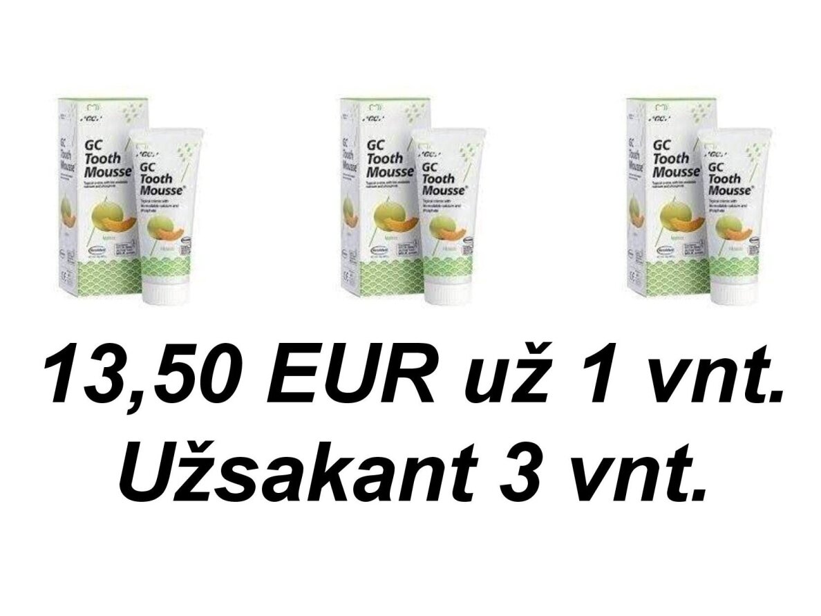 GC Tooth Mousse Recaldent melionų skonio dantų kremas be fluoro 40 g (35 ml). Po 13,50 EUR už 1 vnt. užsakant 3 vnt.
