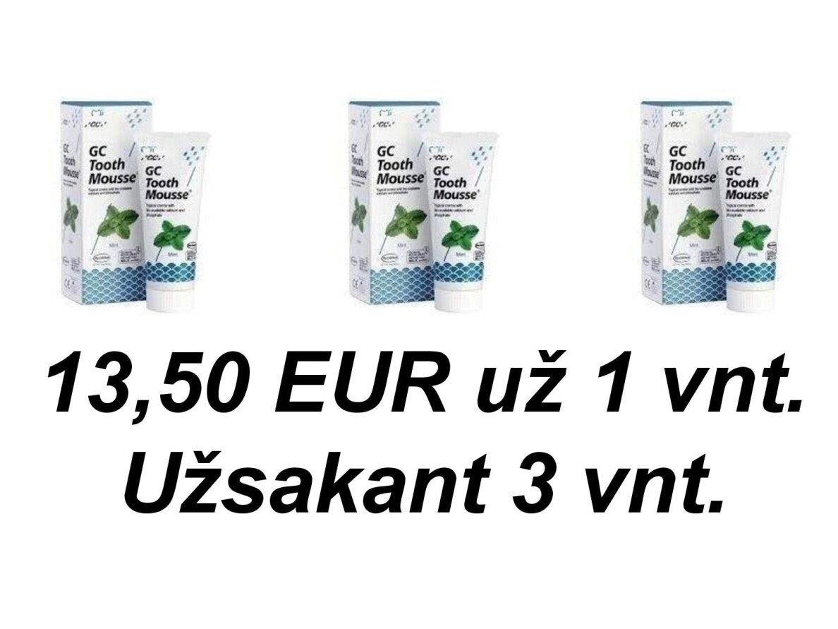 GC Tooth Mousse Recaldent mėtų skonio dantų kremas be fluoro 40 g (35 ml). Po 13,50 EUR už 1 vnt. užsakant 3 vnt.