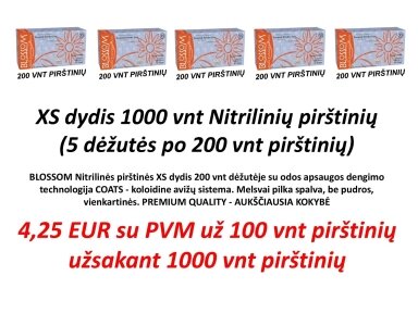BLOSSOM Nitrilinės pirštinės XS dydis po 4,25 EUR už 100 vnt pirštinių užsakant 1000 vnt pirštinių ( 5 dėžutės po 200 vnt pirštinių) su odos apsaugos dengimo technologija COATS - koloidine avižų sistema. Melsvai pilka spalva