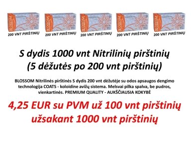 BLOSSOM Nitrilinės pirštinės S dydis po 4,25 EUR už 100 vnt pirštinių užsakant 1000 vnt pirštinių ( 5 dėžutės po 200 vnt pirštinių) su odos apsaugos dengimo technologija COATS - koloidine avižų sistema. Melsvai pilka spalva