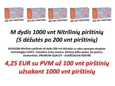 BLOSSOM Nitrilinės pirštinės M dydis po 4,25 EUR už 100 vnt pirštinių užsakant 1000 vnt pirštinių ( 5 dėžutės po 200 vnt pirštinių) su odos apsaugos dengimo technologija COATS - koloidine avižų sistema. Melsvai pilka spalva