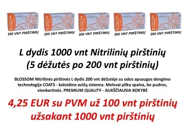 BLOSSOM Nitrilinės pirštinės L dydis po 4,25 EUR už 100 vnt pirštinių užsakant 1000 vnt pirštinių ( 5 dėžutės po 200 vnt pirštinių) su odos apsaugos dengimo technologija COATS - koloidine avižų sistema. Melsvai pilka spalva