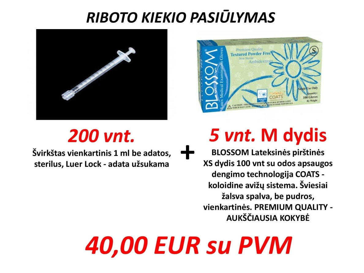 RIBOTO KIEKIO PASIŪLYMAS. 200 vnt. Švirkštas vienkartinis 1 ml be adatos, sterilus, Luer Lock - adata užsukama ir 5 vnt. BLOSSOM Lateksinės pirštinės M dydis 100 vnt.